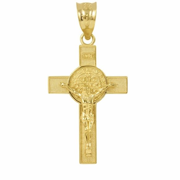 10k Solid Gold Large Saint St. Benedict Crucifix Cross Pendant Charm